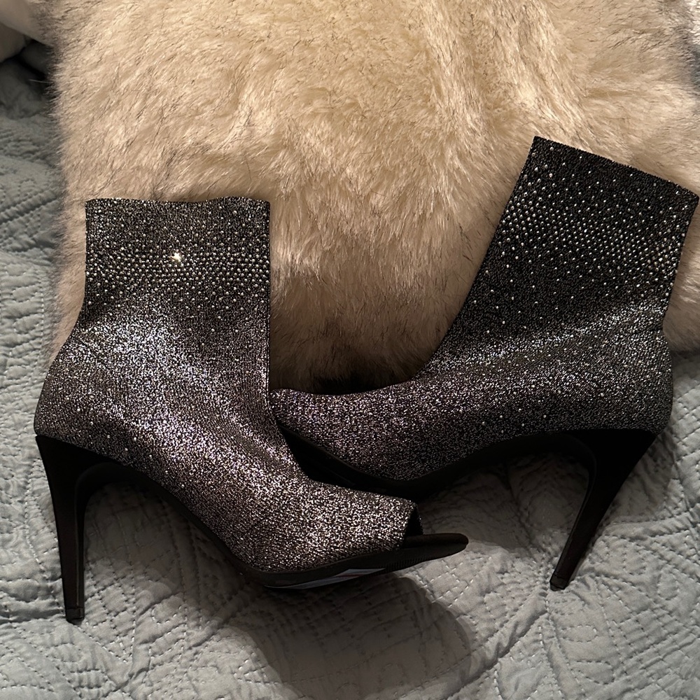 New Rinestine Stretch Sock Booties - Black Silver